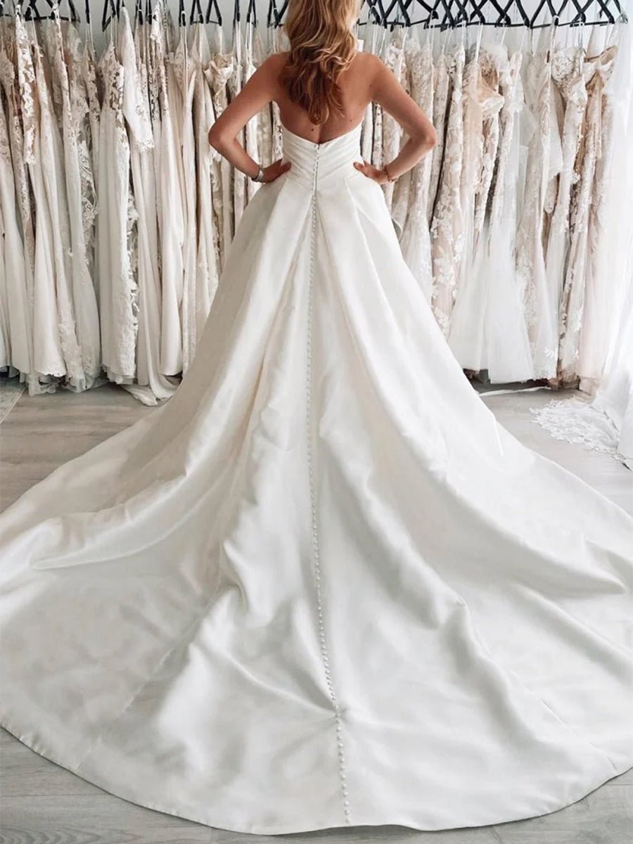 Milana | White Satin Long A - Line Wedding Dress with Slit - KissProm