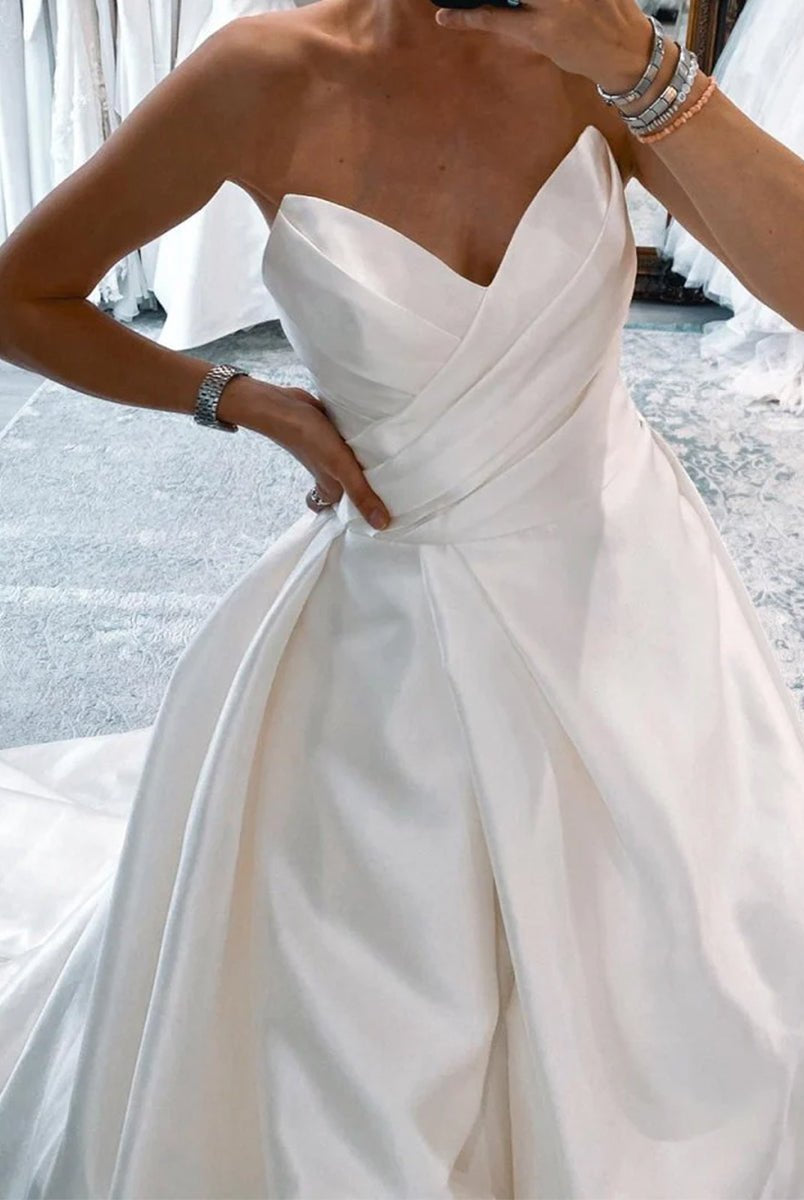 Milana | White Satin Long A - Line Wedding Dress with Slit - KissProm