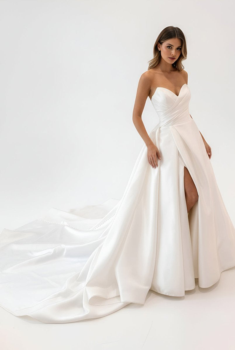 Milana | White Satin Long A - Line Wedding Dress with Slit - KissProm
