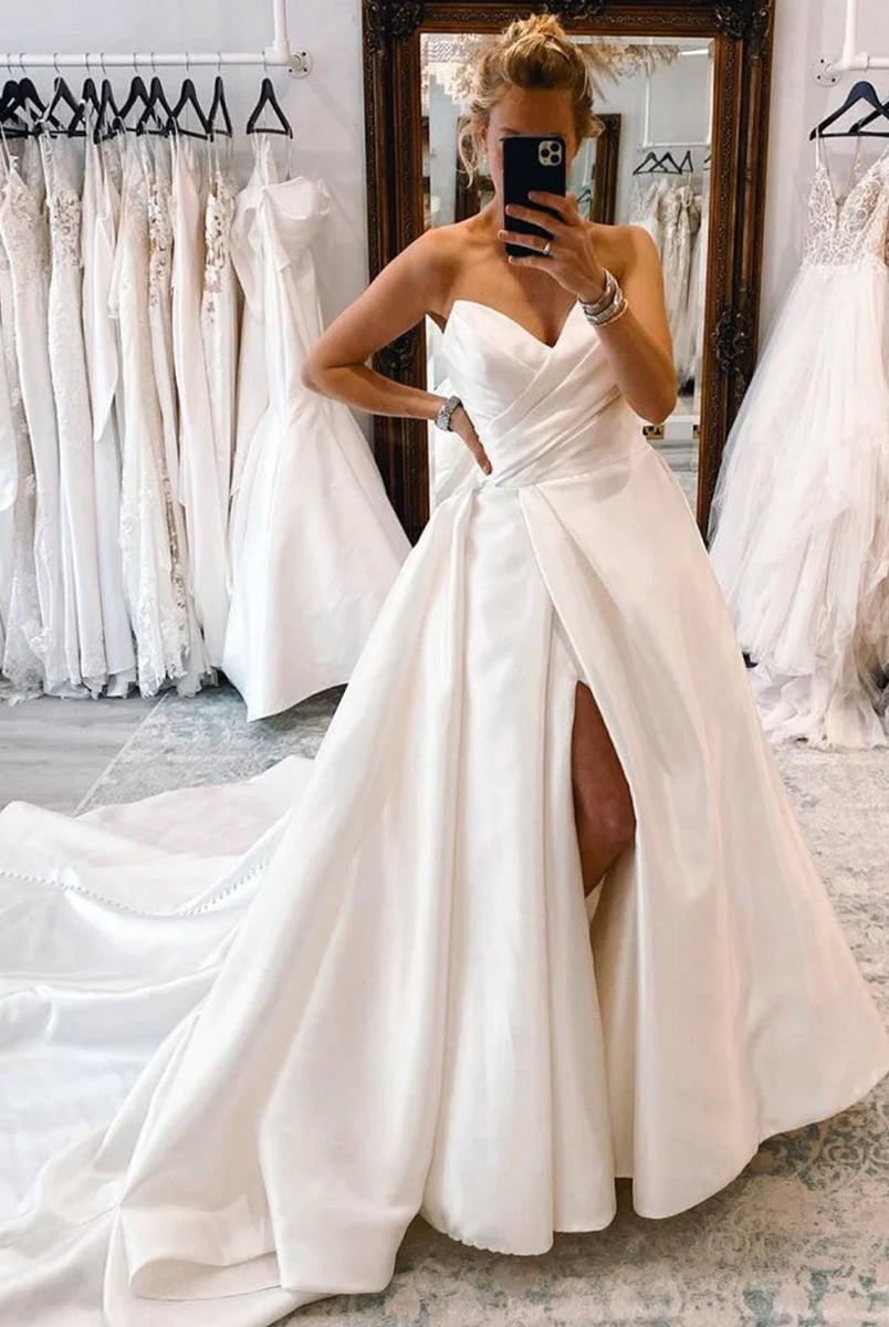 Milana | White Satin Long A - Line Wedding Dress with Slit - KissProm