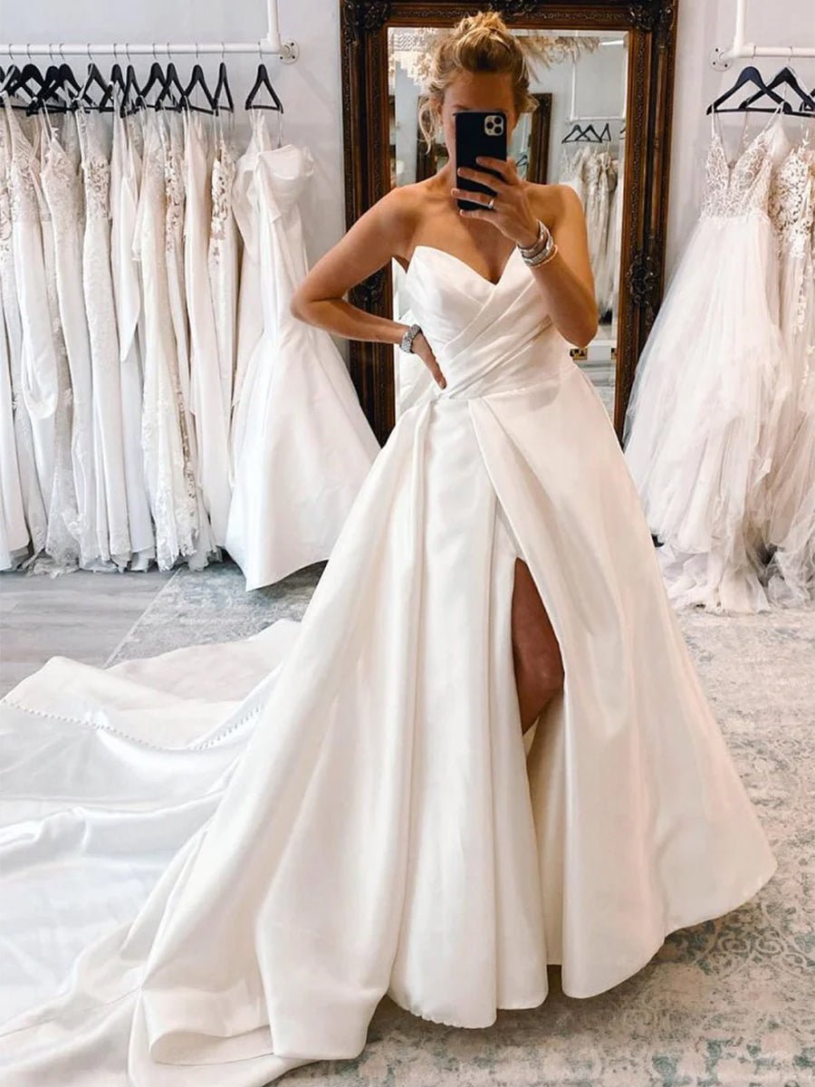 Milana | White Satin Long A - Line Wedding Dress with Slit - KissProm