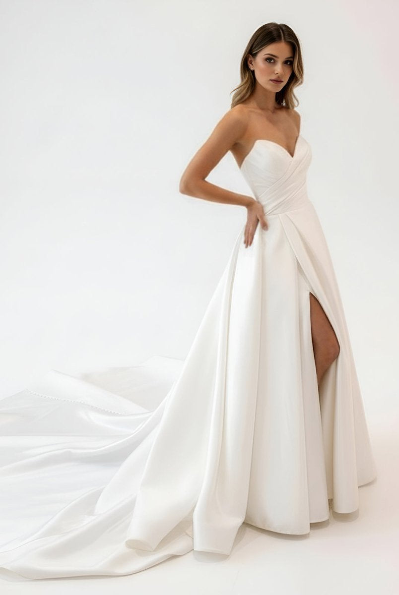 Milana | White Satin Long A - Line Wedding Dress with Slit - KissProm