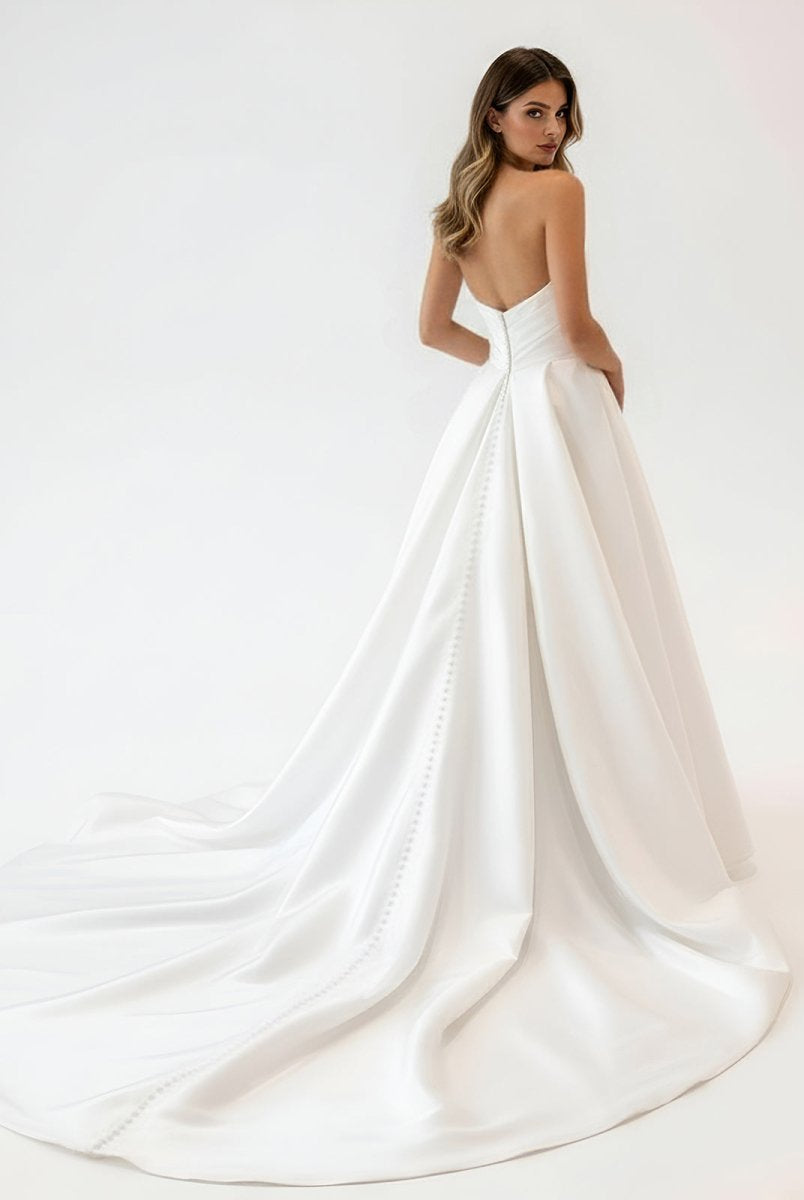 Milana | White Satin Long A - Line Wedding Dress with Slit - KissProm