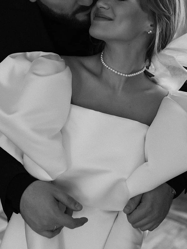 White Satin Short Wedding Dress with Puff Sleeves - KissProm