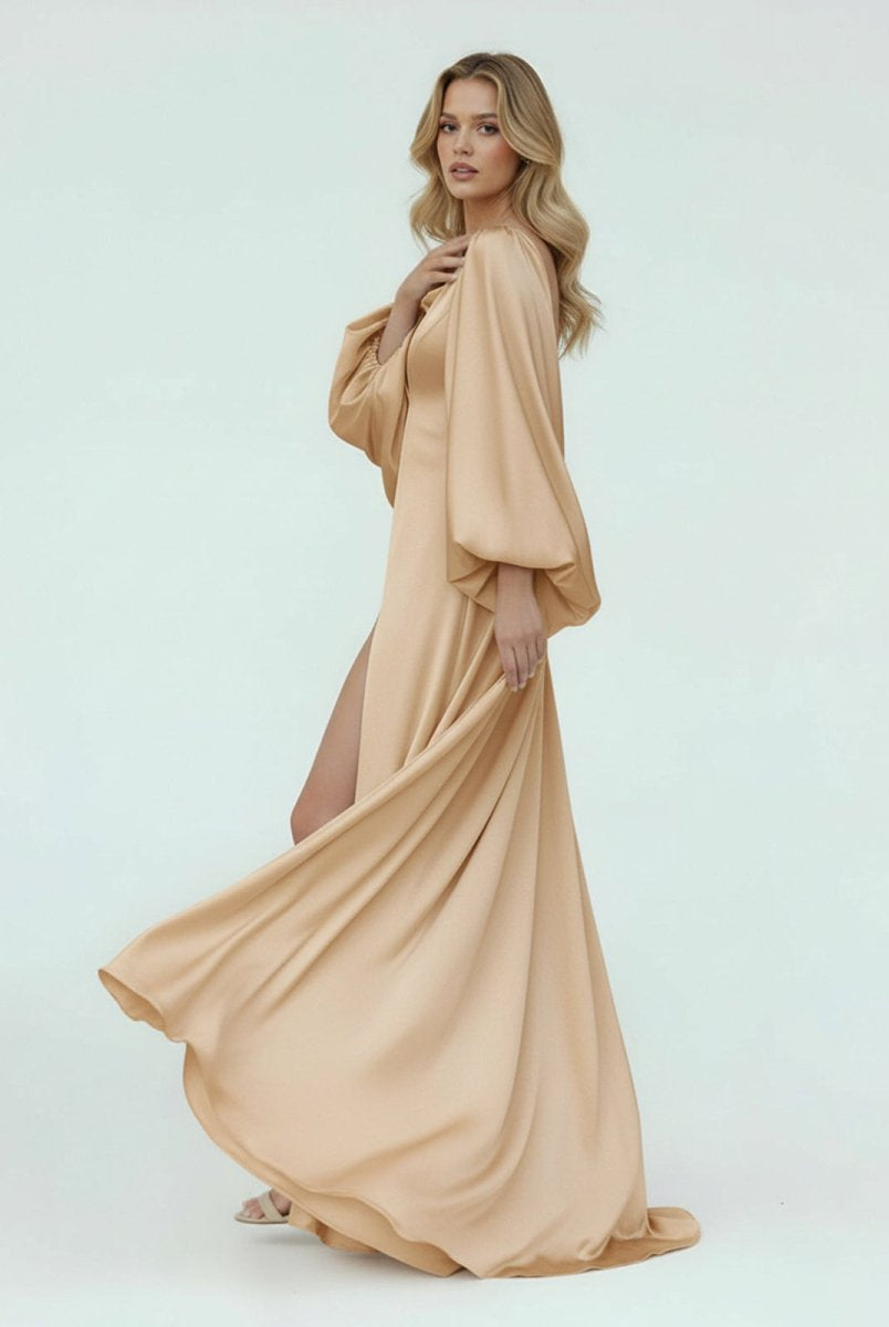 Clover | White Satin Simple A - Line Long Wedding Dress with Slit - KissProm