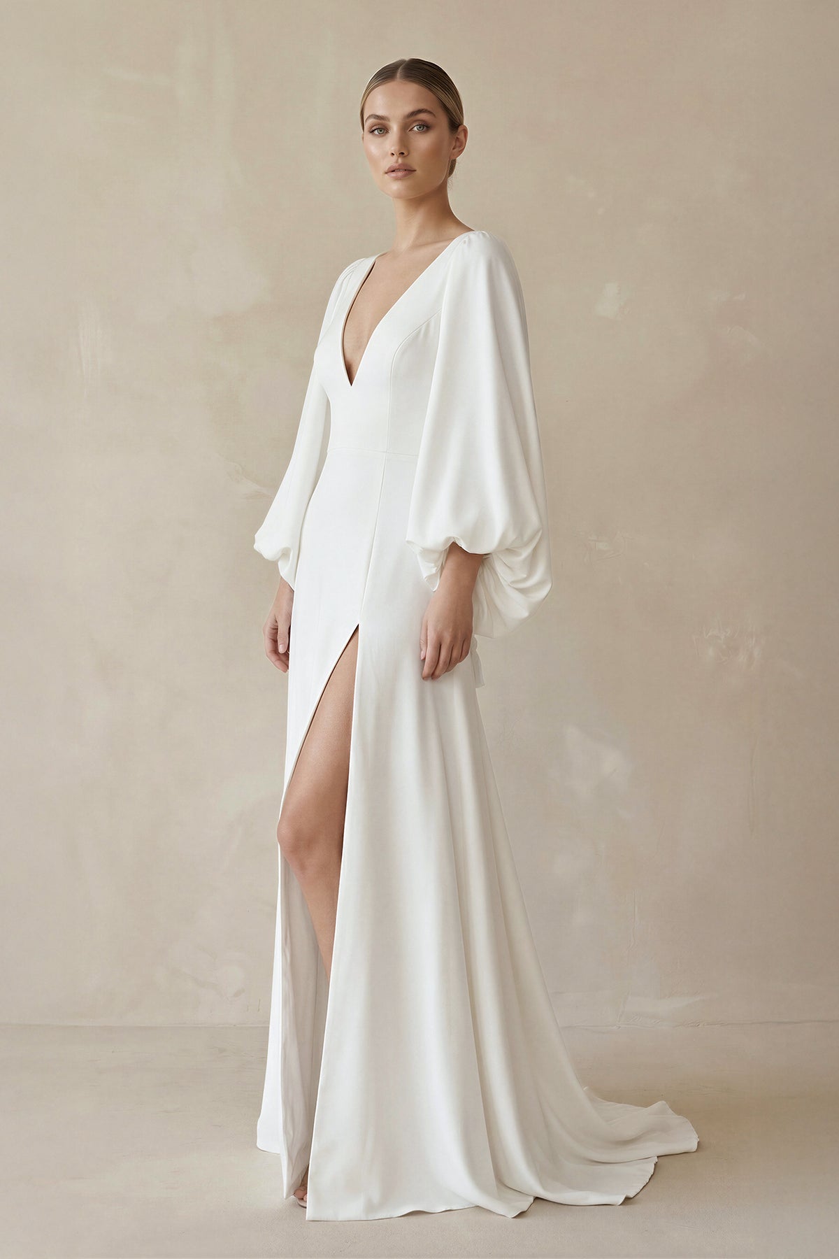 White Satin Simple A-Line Long Wedding Dress with Slit, Diamond White / 12