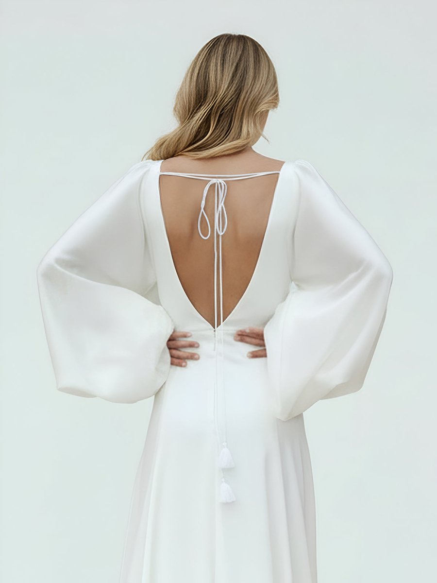 Clover | White Satin Simple A - Line Long Wedding Dress with Slit - KissProm