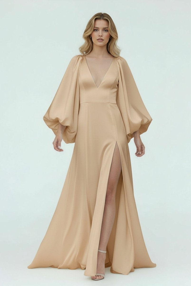 Clover | White Satin Simple A - Line Long Wedding Dress with Slit - KissProm