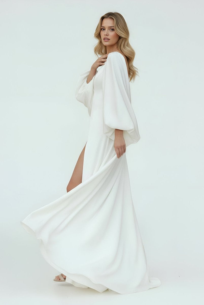 Clover | White Satin Simple A - Line Long Wedding Dress with Slit - KissProm