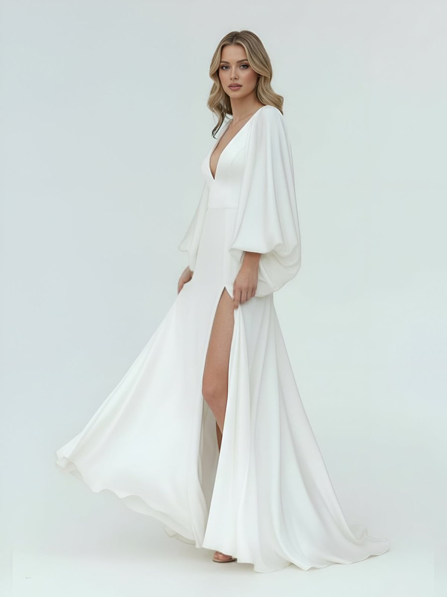 Clover | White Satin Simple A - Line Long Wedding Dress with Slit - KissProm