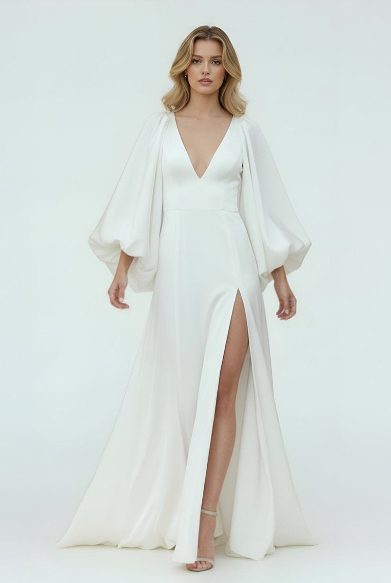 Clover | White Satin Simple A - Line Long Wedding Dress with Slit - KissProm