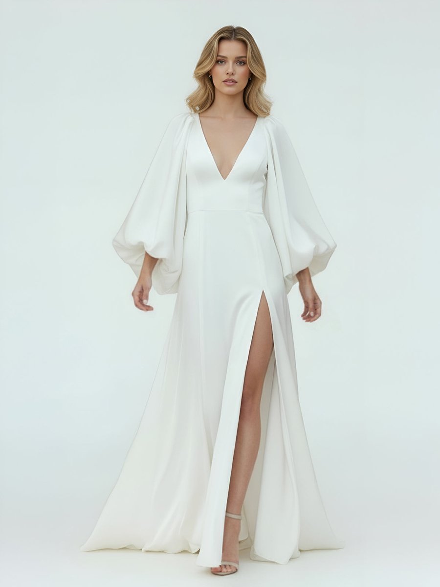 Clover | White Satin Simple A - Line Long Wedding Dress with Slit - KissProm