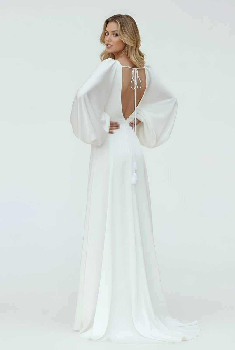 Clover | White Satin Simple A - Line Long Wedding Dress with Slit - KissProm