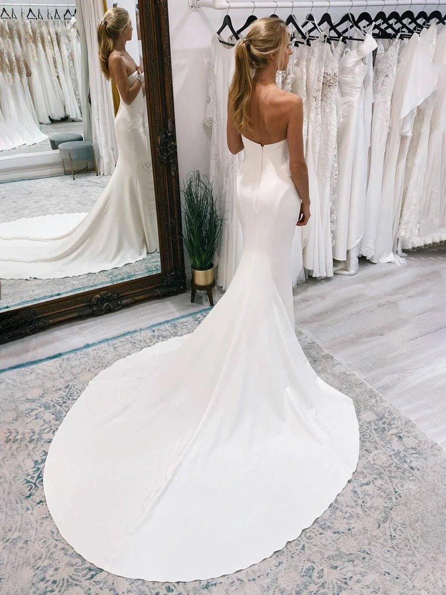 Jolie | White Simple Sweep Train Boho Long Mermaid Wedding Dress - KissProm