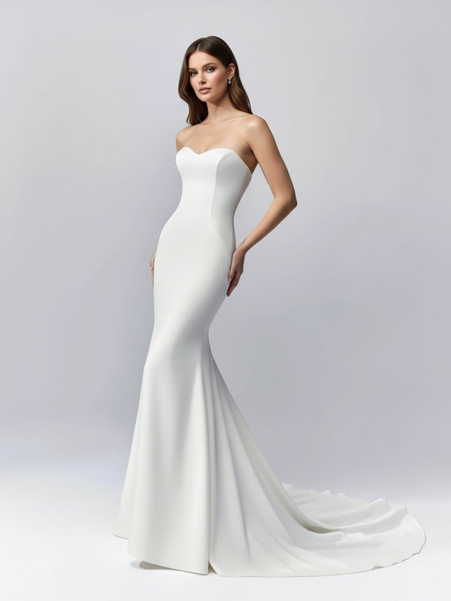Jolie | White Simple Sweep Train Boho Long Mermaid Wedding Dress - KissProm