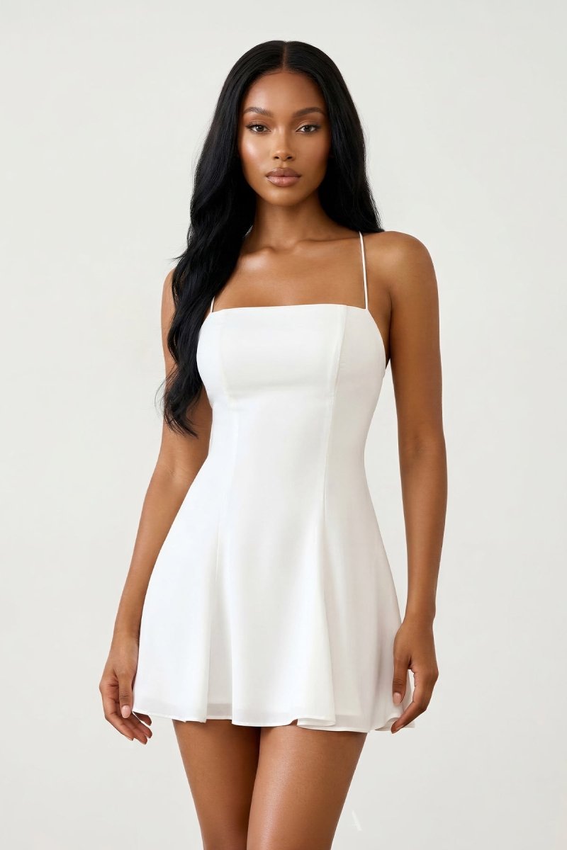KissProm White Spaghetti Strap A-Line Chiffon Graduation Dress, White / 0