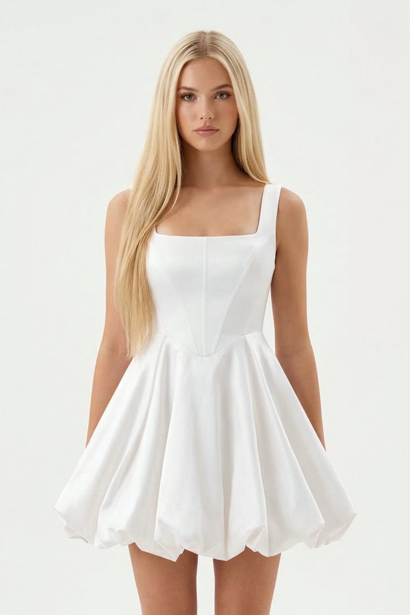 KissProm White Square Neck Taffeta A-Line Mini Graduation Dress, White / 18