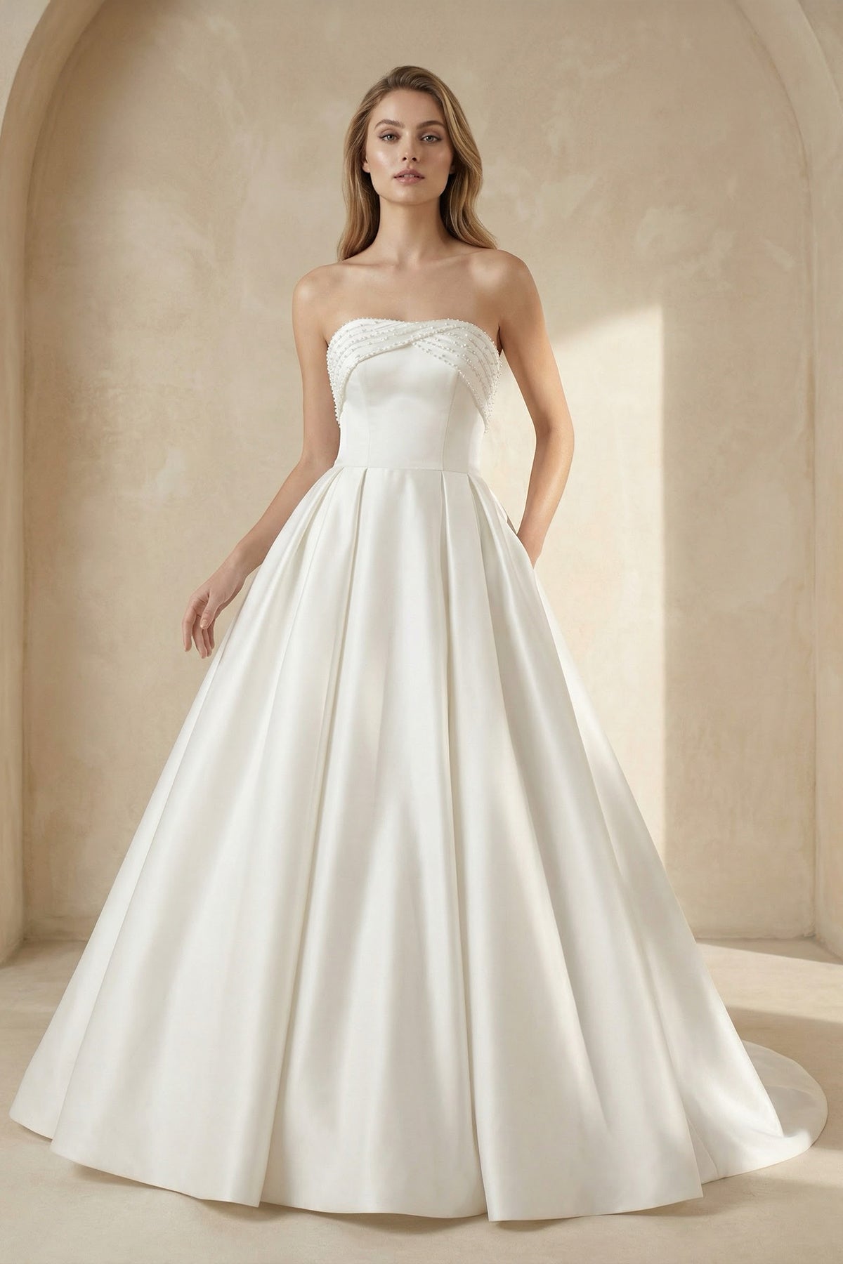 White Strapless Bow-Back Pearls A-Line Wedding Dress White Strapless Bow-Back Pearls A-Line Wedding Dress
