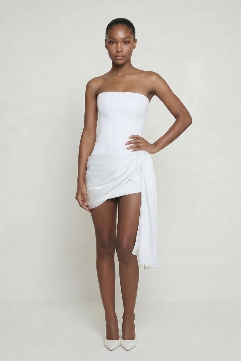 KissProm White Strapless Corset Sheath Mini Graduation Dress, White / 12