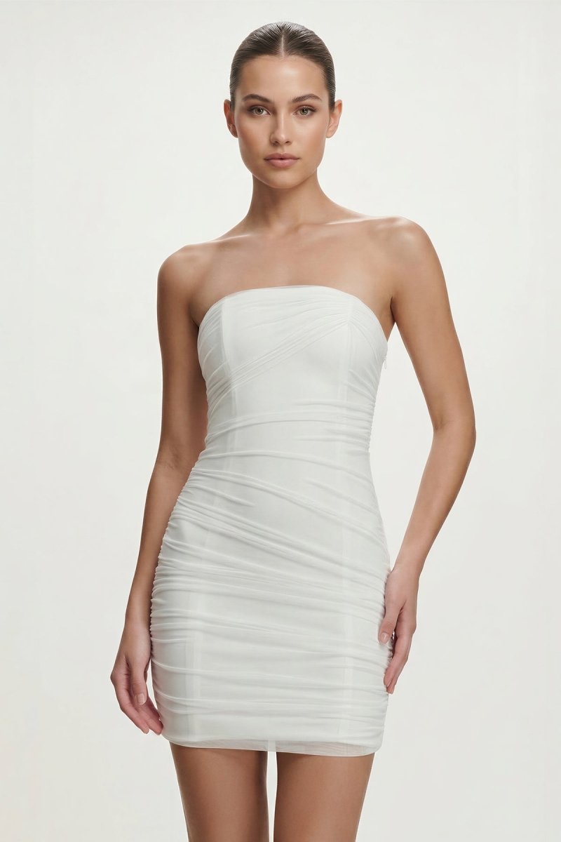KissProm Ivory Strapless Sheath Ruched Graduation Dress, Ivory / 16