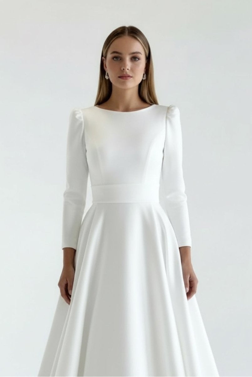 Lea | White Vintage A - Line Long Satin Bateau - Neck Wedding Dress - KissProm