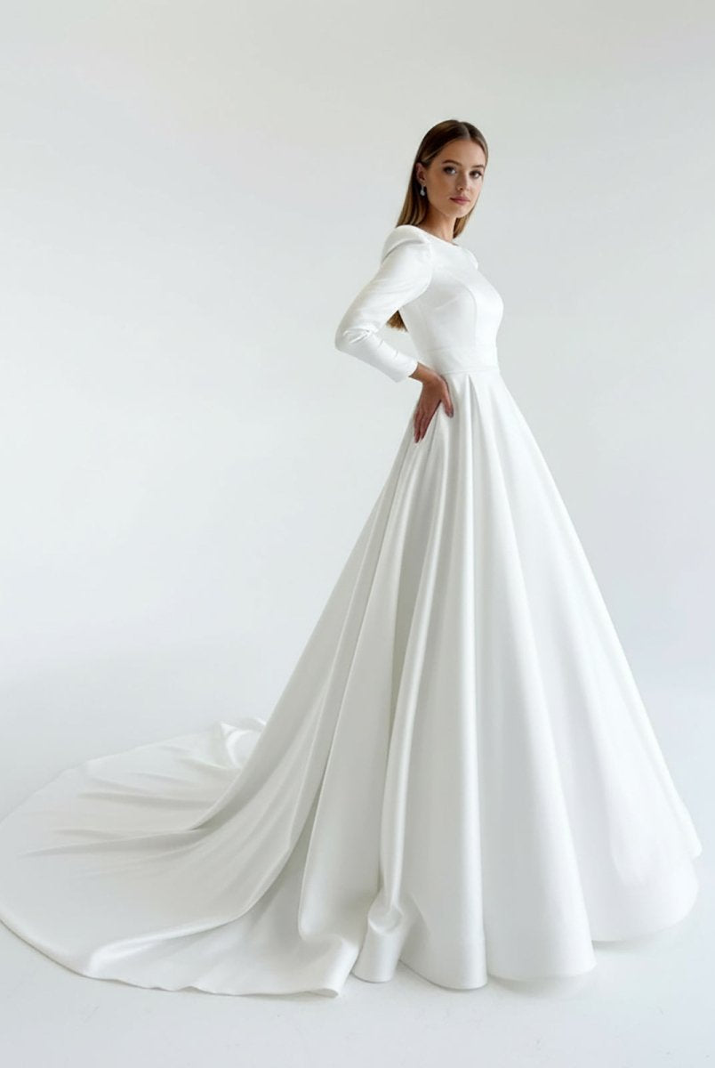 Lea | White Vintage A - Line Long Satin Bateau - Neck Wedding Dress - KissProm