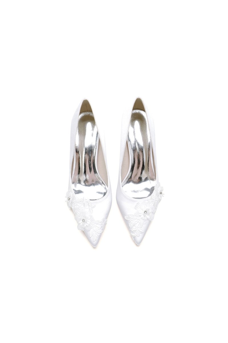 White Wedding Shoes Stiletto Heel Satin With Lace - KissProm