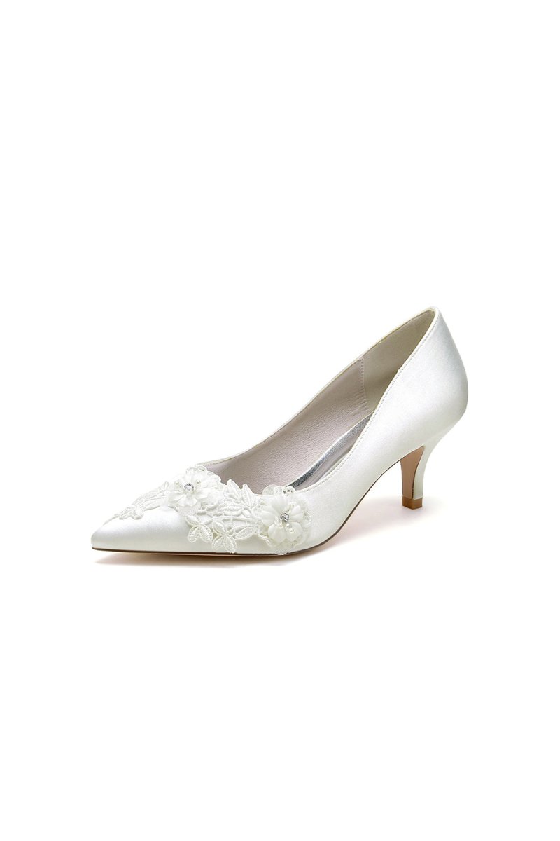 White Wedding Shoes Stiletto Heel Satin With Lace - KissProm