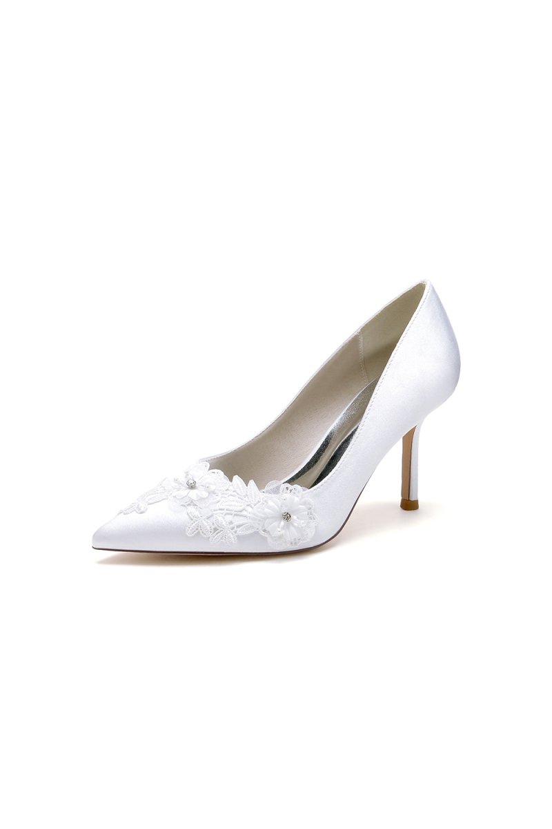 White Wedding Shoes Stiletto Heel Satin With Lace - KissProm