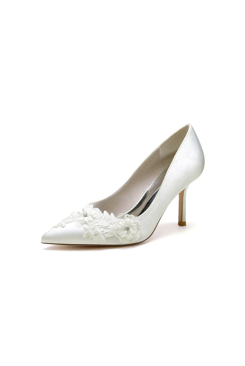White Wedding Shoes Stiletto Heel Satin With Lace - KissProm