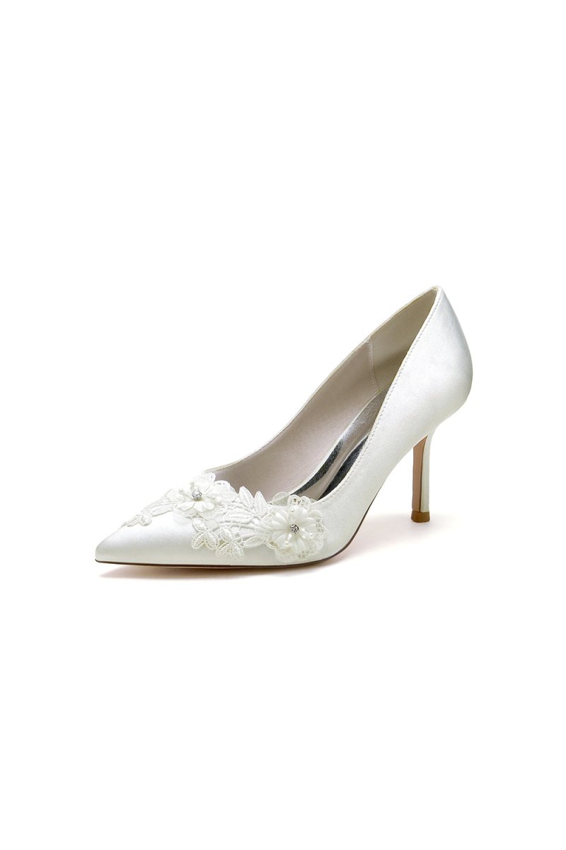 White Wedding Shoes Stiletto Heel Satin With Lace - KissProm