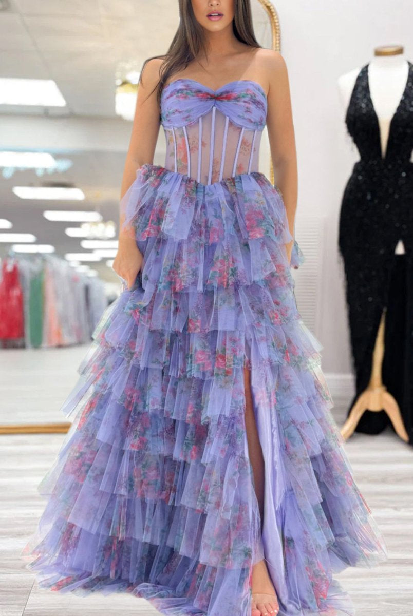 Wilda | Purple Strapless A Line Tulle Printed Ruffle Tiered Prom Dresses With Slit