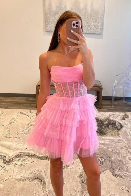 Evita | A Line Black Strapless Tiered Homecoming Dress