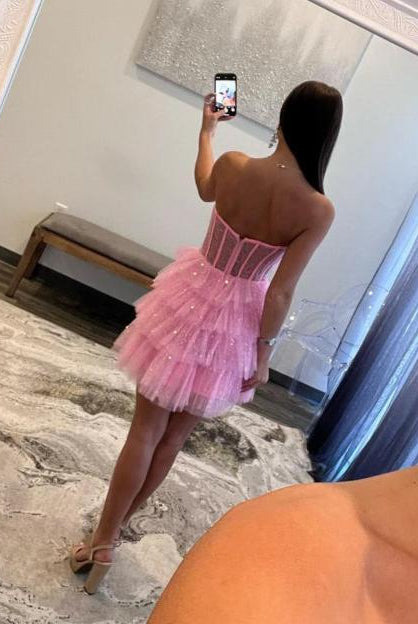 Evita | A Line Black Strapless Tiered Homecoming Dress