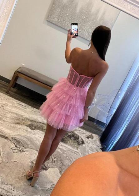 Evita | A Line Black Strapless Tiered Homecoming Dress