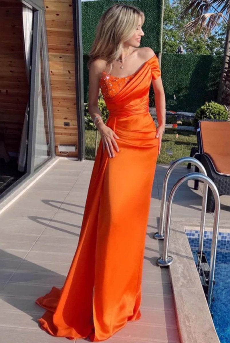 Winston | Orange Mermaid Pleated Satin Empire - Waist Long Prom Dress - KissProm