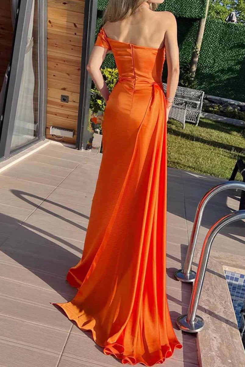 Winston | Orange Mermaid Pleated Satin Empire - Waist Long Prom Dress - KissProm