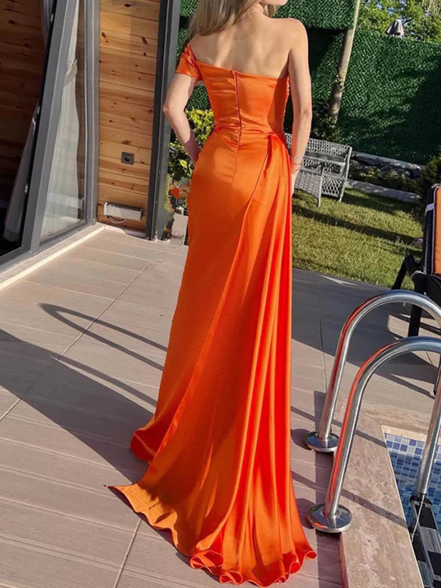 Winston | Orange Mermaid Pleated Satin Empire - Waist Long Prom Dress - KissProm