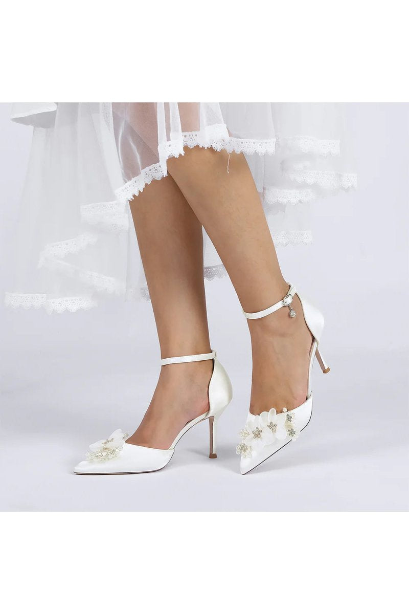 Women's Wedding Shoes Pointed Toe Ankle Strap Stiletto Heels with Rhinestone Flower - KissProm