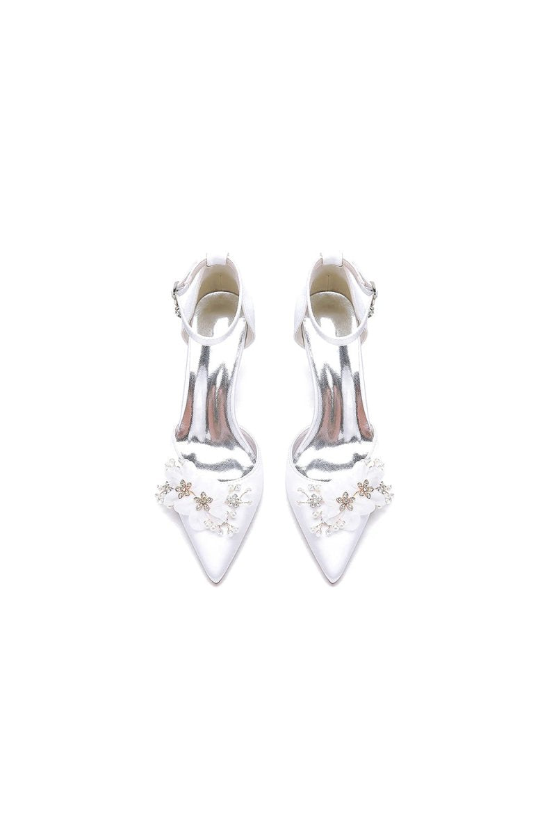 Women's Wedding Shoes Pointed Toe Ankle Strap Stiletto Heels with Rhinestone Flower - KissProm