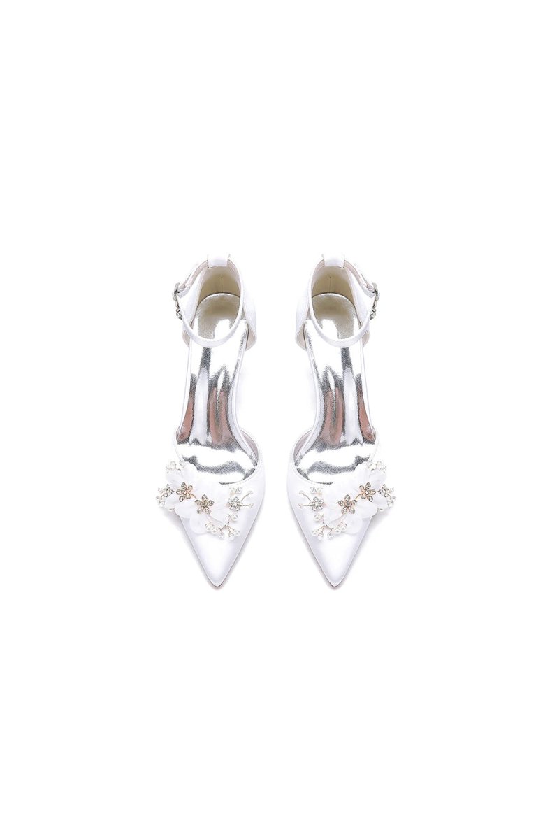 Women's Wedding Shoes Pointed Toe Ankle Strap Stiletto Heels with Rhinestone Flower - KissProm