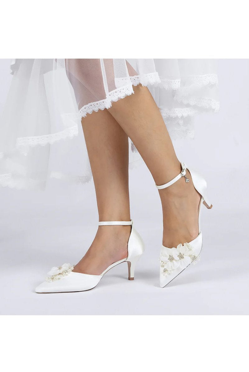 Women's Wedding Shoes Pointed Toe Ankle Strap Stiletto Heels with Rhinestone Flower - KissProm