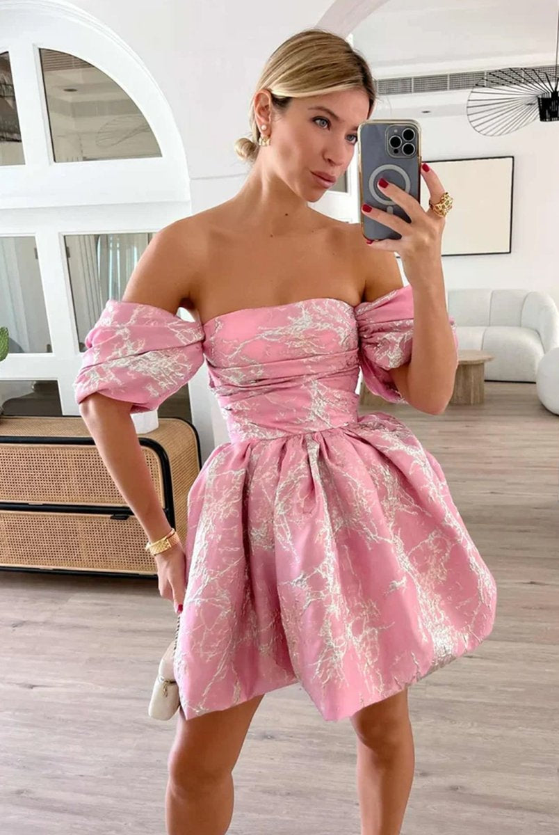 Wynneth | Pink - A Line Off the Shoulder Puffed Sleeves Short Homecoming Dresses