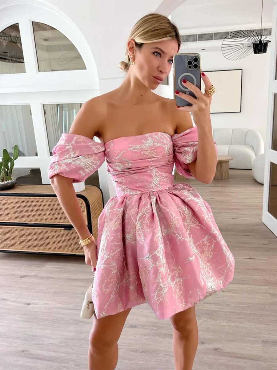 Wynneth | Pink - A Line Off the Shoulder Puffed Sleeves Short Homecoming Dresses