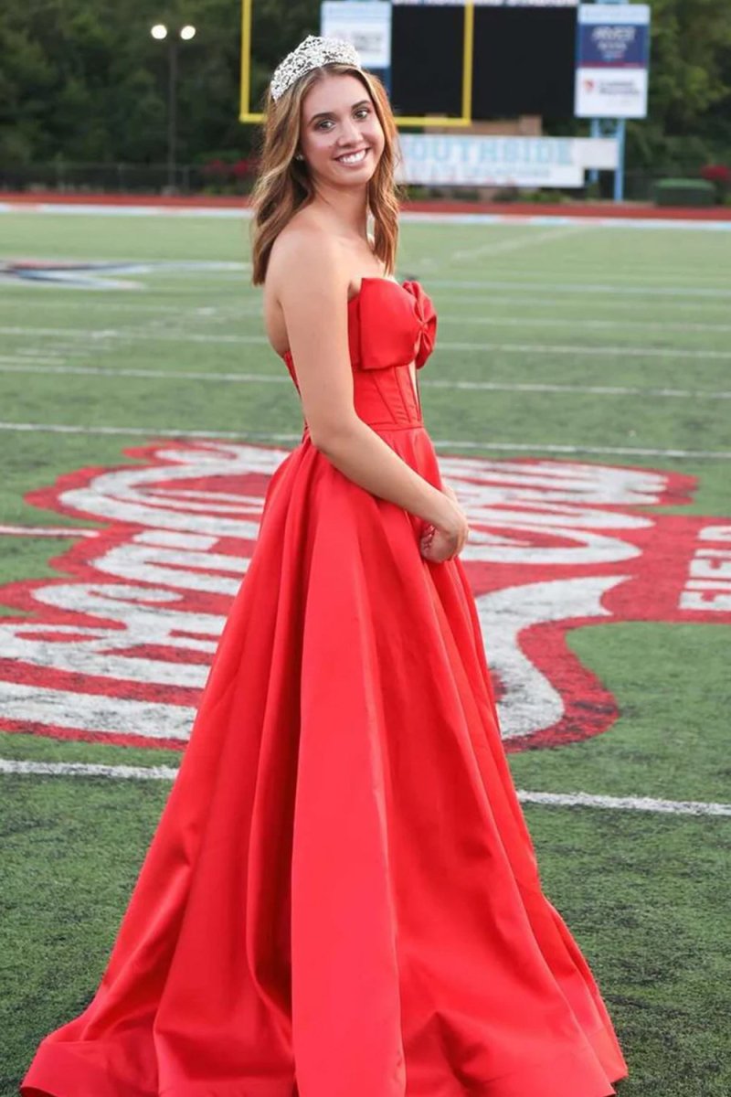 Xanthia | A - Line Strapless Bow Empire - Waist Sleeveless Satin Long Prom Dress with Slit - KissProm