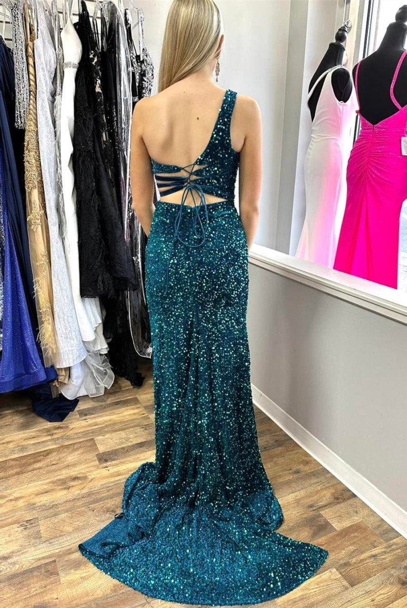Xaviera | One - Shoulder Turquoise Sequin Keyhole Long Prom Dress with Slit - KissProm