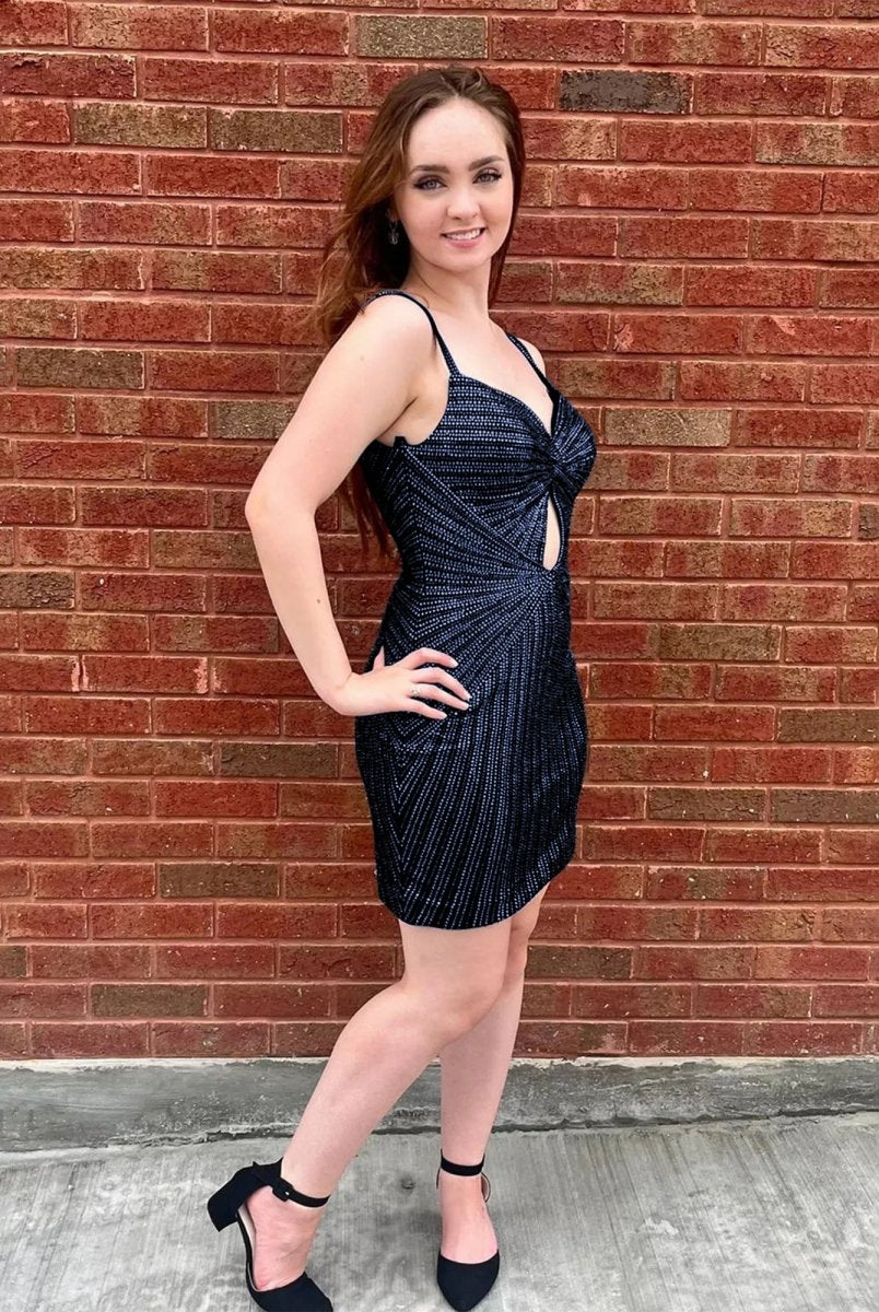 Xyala | Navy Blue - Satin Spaghetti Straps Beaded Homecoming Dress With Keyhole