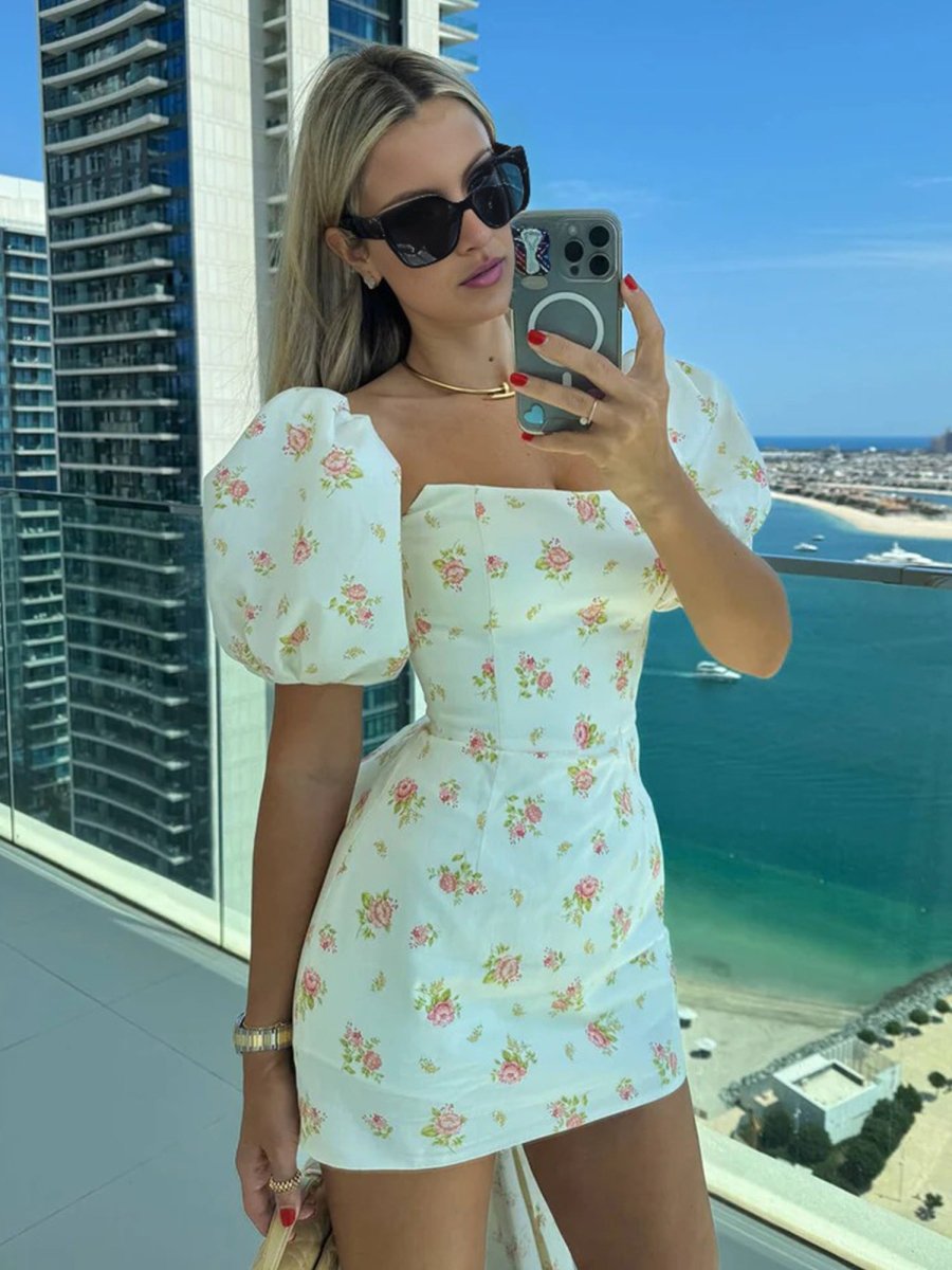 Xylia | Ivory - Sheath Scoop Neck Puffed Sleeves Short Homecoming Dresses With Bow