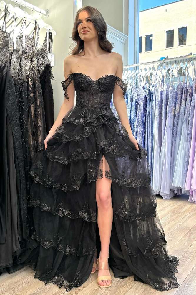 Yaiiua | Black Off the Shoulder Lace Appliques Tiered Prom Dress with Slit - KissProm