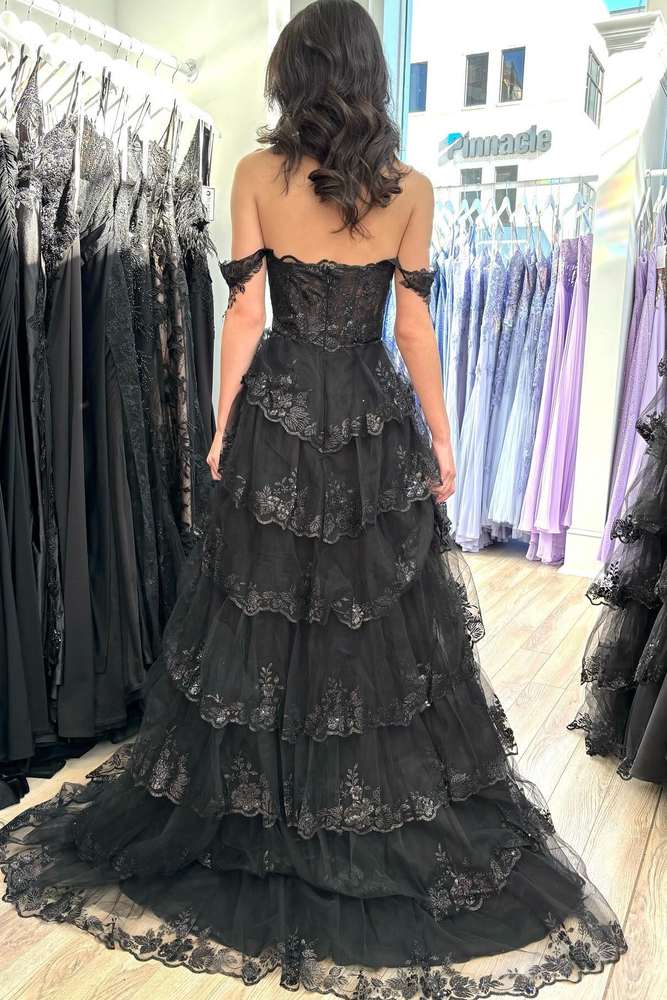 Yaiiua | Black Off the Shoulder Lace Appliques Tiered Prom Dress with Slit - KissProm